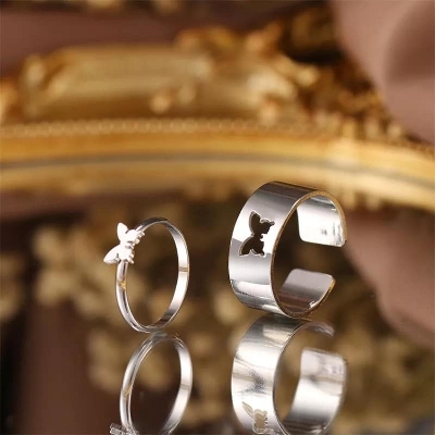 Picture of Butterfly King and Queen Couple Ring Set-2Pcs Silver Adjustable