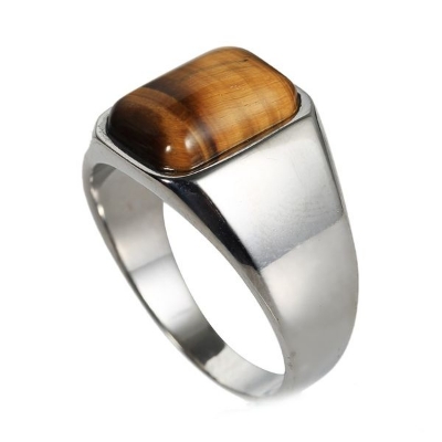 Picture of Man Real Stainless Steel Band Ring Solid Tiger's Eye Square Stone Ring Silver 