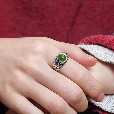 Picture of Adjustable size vintage silver jade stone rings design for men women Green Adjustable