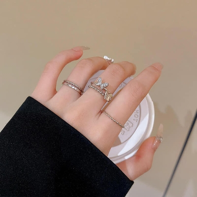 Picture of 4 Pcs Korean Cute Butterfly Rings Set Punk Fashion Geometric Round  Rings for Women Silver Adjustable