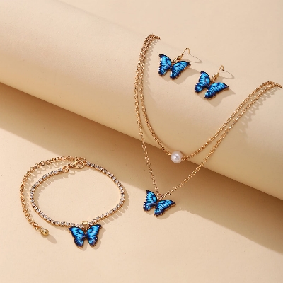 Picture of Romantic Butterfly Pattern Crystal Earrings Necklace Set  for Women Blue 