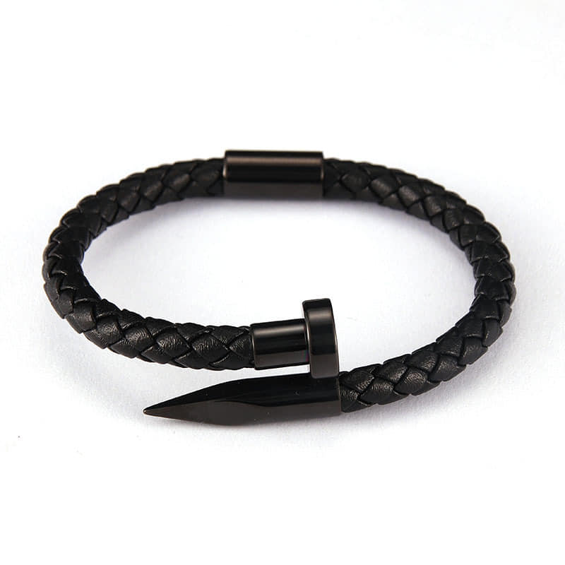 Picture of Stylish Addition - Nail Bracelet Men Titanium Steel Leather Rope Bracelet Magnetic Braided Bracelet - Sustainable Choice Black 