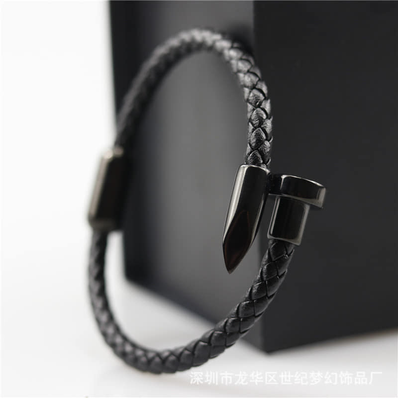 Picture of Premium Quality - Nail Bracelet Men Titanium Steel Leather Rope Bracelet Magnetic Braided Bracelet - Trend and Need full Black 