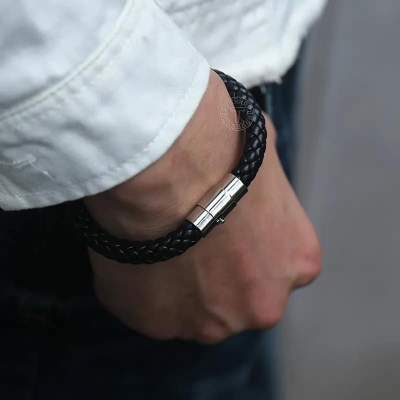 Picture of Trendsetter - Fashion Innovator - Premium Quality - Men's Personalised Clasp Plaited Leather Bracelet - Modern - Choice Expression Black 