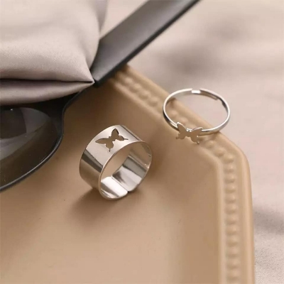 Picture of Butterfly King and Queen Couple Ring Set-2Pcs Adjustable 