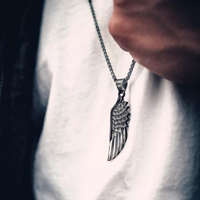Picture of Fashion stainless steel retro feather wing pendant new titanium steel wing punk necklace/Simple Fashionable Chain Necklace For men Silver 