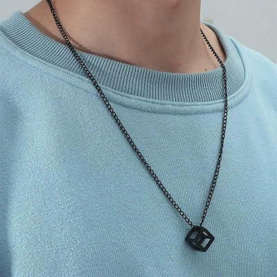Picture of Stylish - Modern Vibe - Custom Experience - Black Hollow Cube Pendant Men's Necklace - Couture - High-end - Understated Sophistication Black 