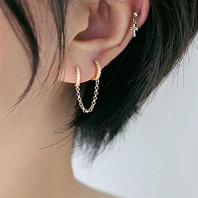 Picture of Stylish - Modern Vibe - Highly Sustainable - Connected Hoops Cubic Zirconia Earrings Pair Silver Hoops - Durabilty Assured Gold Adjustable