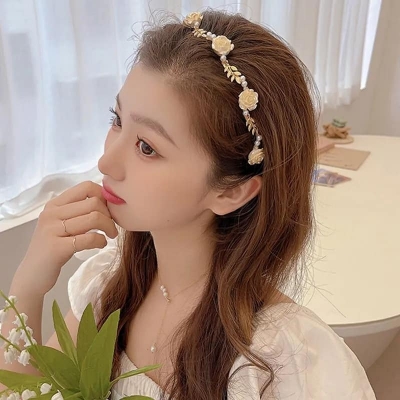Picture of Rose Flower Pearl Headband with White Pearl Decors for Women White New Born