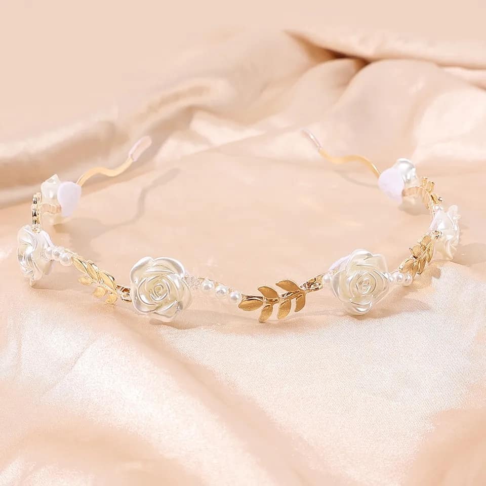 Picture of Rose Flower Pearl Headband with White Pearl Decors for Women White New Born