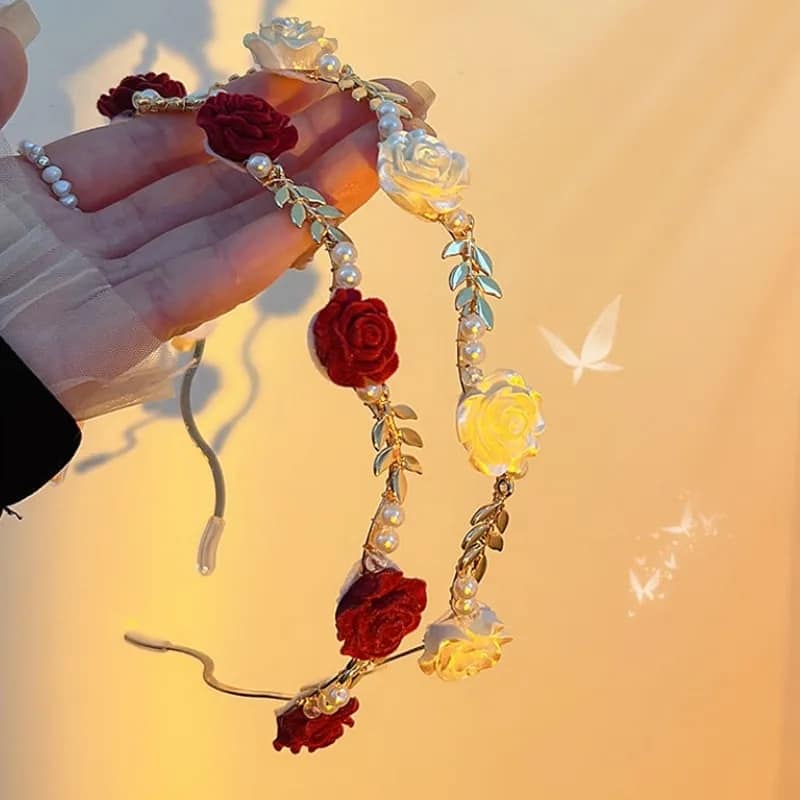 Picture of Understated -Rose Pearl Headband Hair Accessories Headdress Girls Vintage Metal Flower Pearl Red White Rose Tiara Hairbands- Progressively Better Red 