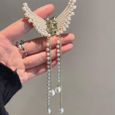 Picture of Long Butterfly Tassel Pearls Rhinestones Geometric Hair Clip for Women Gold 