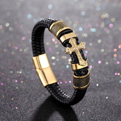 Picture of Men's Fashion Classic Black Woven Leather Inlaid Cross Magnetic Bracelet Gold Adjustable