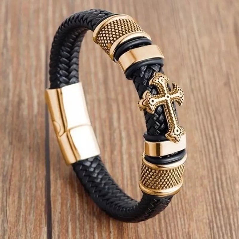 Picture of Men's Fashion Classic Black Woven Leather Inlaid Cross Magnetic Bracelet Gold Adjustable