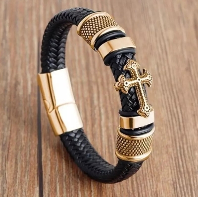 Picture of Men's Fashion Classic Black Woven Leather Inlaid Cross Magnetic Bracelet Gold Adjustable
