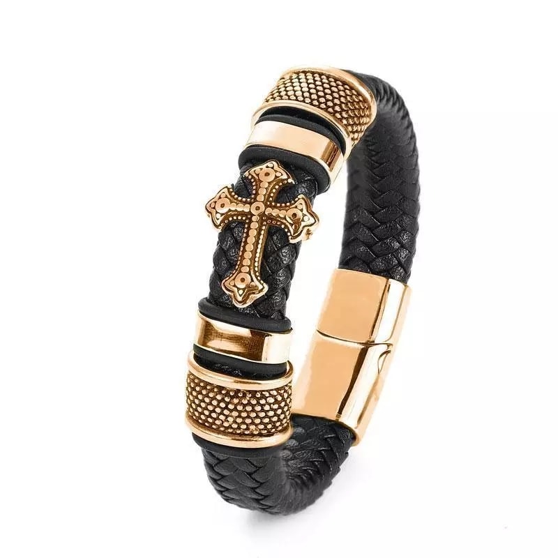 Picture of Men's Fashion Classic Black Woven Leather Inlaid Cross Magnetic Bracelet Gold Adjustable