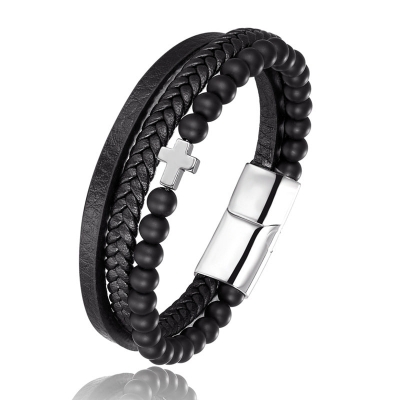 Picture of Versatile -Choice and Remark -Double Layer PU Leather Stainless Steel ID Bracelet- Avant-garde Preferble - Low Hassle and Maintanance Black 20 CM