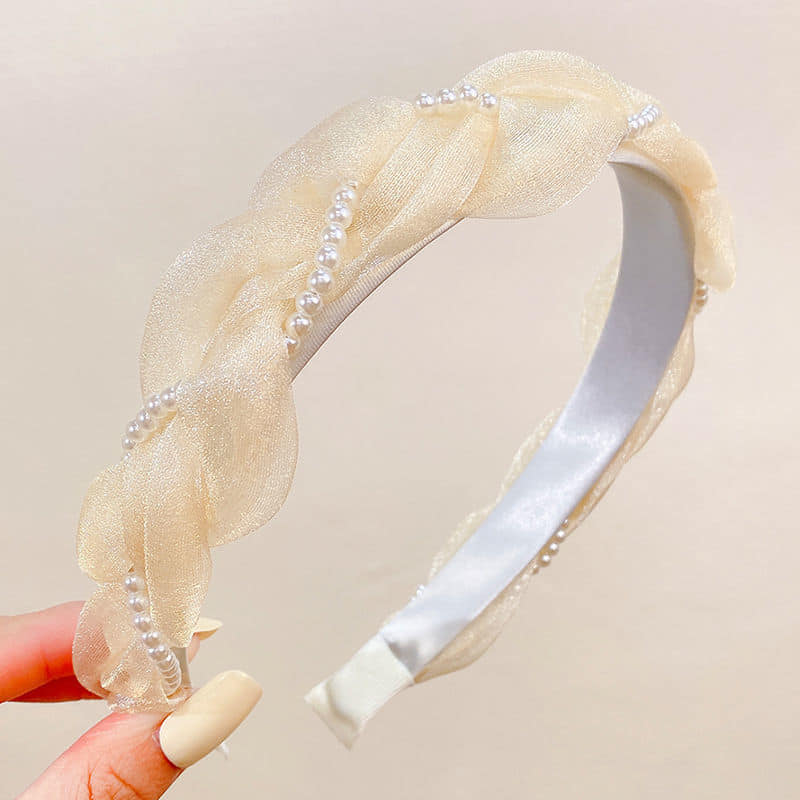 Picture of New Fashion White Pearl Pink Lace  French Hair Clip Headbands Hairbands  For Women  Int: One size