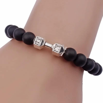 Picture of Refined Taste - Fit Life Black Matte Stone Dumbbell Shape Bracelet Fitness Motivation Gym for Men - Durabilty Assured - Iconic Style Silver Adjustable