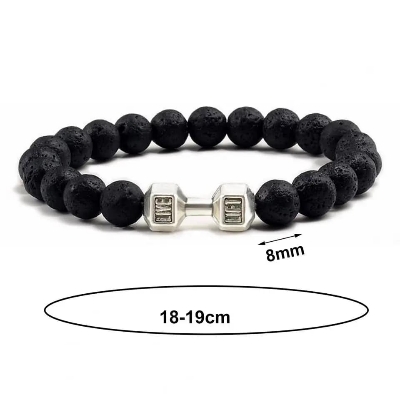 Picture of Refined Taste - Fit Life Black Matte Stone Dumbbell Shape Bracelet Fitness Motivation Gym for Men - Durabilty Assured - Iconic Style Silver Adjustable