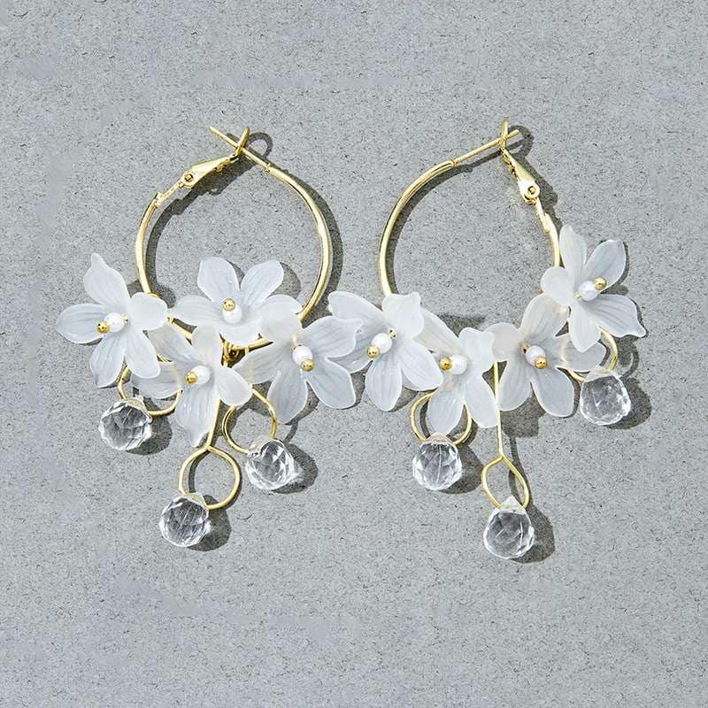 Picture of Lavish indulgent - Fashion Flower Tassel Drop Earrings For Women Trendy Shiny Moon Star Pearls Dangle Earrings - Sensible - Must Have White Adjustable