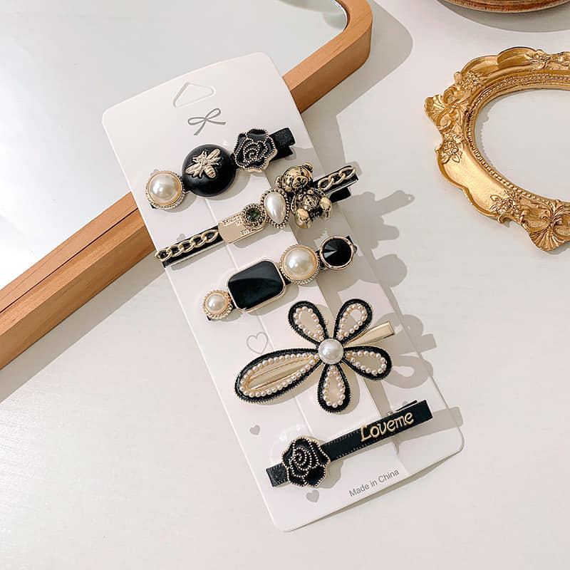 Picture of 5pcs Hair Clip Set Hair Pins Korean Fashion Shiny Crystal Rhinestone Hair Clip Hair Accessories For Women Black Int: One size
