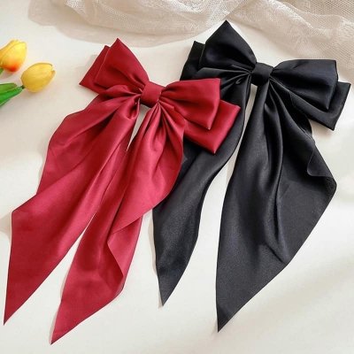Picture of 1 Pices Big Satin Layered Hair Bows for Women - Long Black Ribbon Red Int: One size