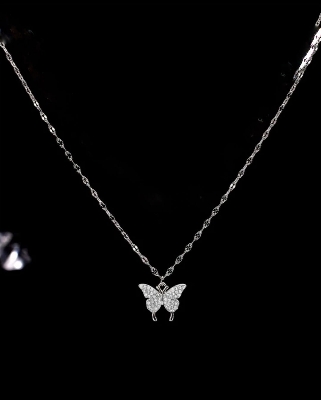 Picture of Butterfly pendant necklace with rhinestone Silver Adjustable