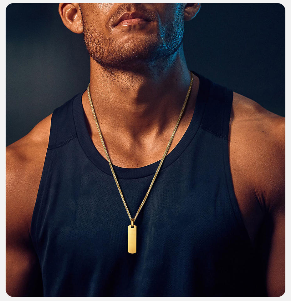 Picture of Simple Titanium Steel Necklace Men's Shiny Vertical Striped Rectangle Pendant Neck Fashionable Punk Jewelry Accessories Gold 