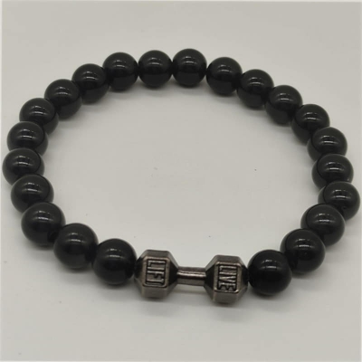 Picture of Stainless Steel  Black Stone Beaded Bracelet Fitness Fit Life Prayer Dumbbell Bracelets for Men Black 