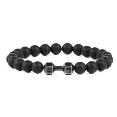 Picture of Stainless Steel  Black Stone Beaded Bracelet Fitness Fit Life Prayer Dumbbell Bracelets for Men Black 