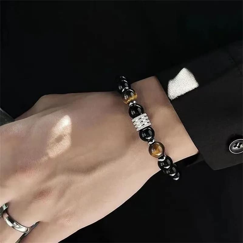 Picture of Natural Brown Tiger Stone Bracelet For  Men Black 