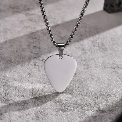 Picture of Stainless Steel  Blank Guitar Pick Pendant Necklace Chain  For Men/ Gift for Men/Boys Silver 