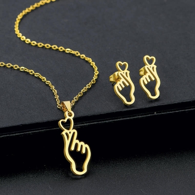 Picture of Korean Finger Heart Necklace and Earring Jewelry set Gold 