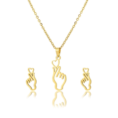 Picture of Korean Finger Heart Necklace and Earring Jewelry set Gold 