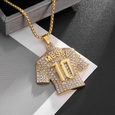 Picture of New Crystals Football MESSI Jersey Pendant Necklace Chain  for Men Gold 