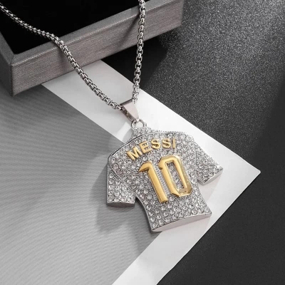Picture of Crystals Football MESSI Jersey Pendant Necklace Chain  for Men Silver 