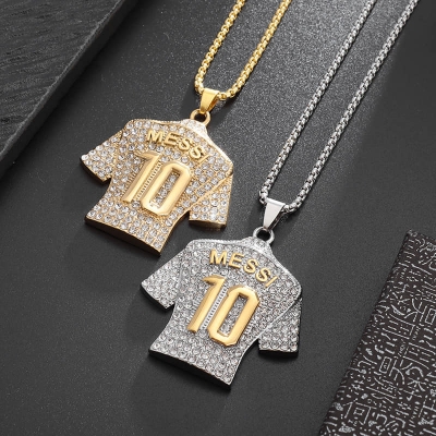 Picture of New Silver Golden Crystals Football MESSI Jersey Pendant Necklace Chain  for Men  