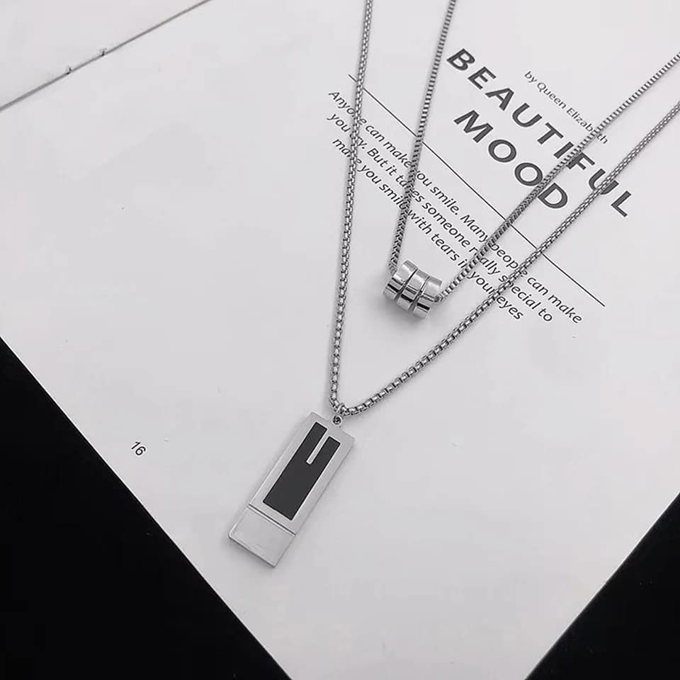 Picture of Black Silver   Enamel Natural Stone Pendant with Stainless Steel Box Chain Elegant Simple  Chain for Men  