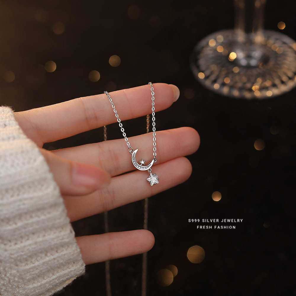 Picture of Korean Simple Pearl Star Moon Crystal Necklace Chain for Women  Adjustable