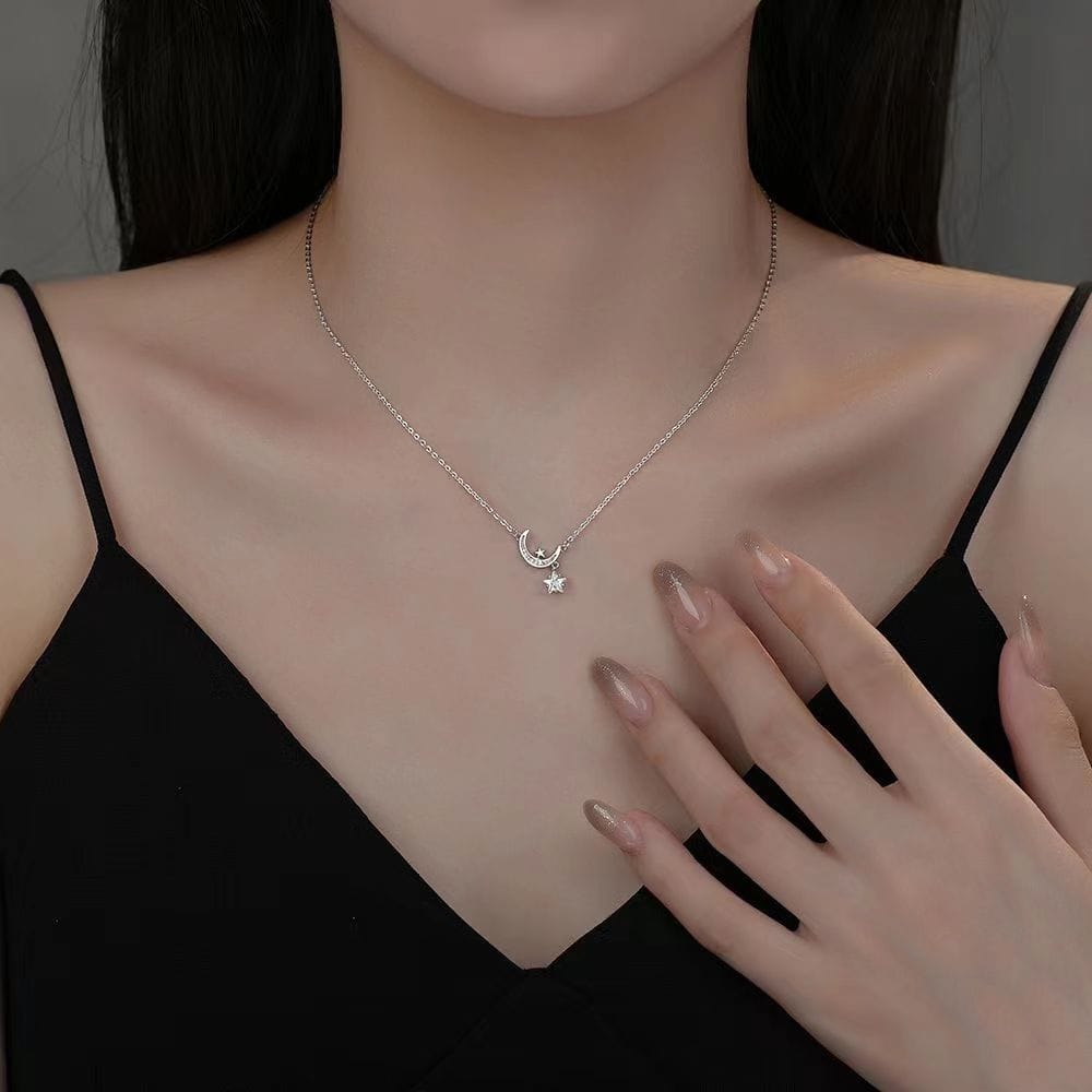 Picture of Korean Simple Pearl Star Moon Crystal Necklace Chain for Women  Adjustable