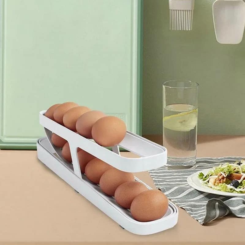 Picture of Double-Layer Egg Dispenser Automatic Roll-Down Egg Storage Rack Slide Egg Carton Refrigerator Egg Basket Kitchen Countertop Egg Holder _Fashionable Point White 