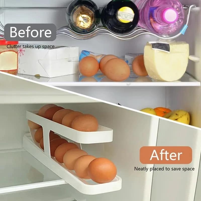 Picture of Double-Layer Egg Dispenser Automatic Roll-Down Egg Storage Rack Slide Egg Carton Refrigerator Egg Basket Kitchen Countertop Egg Holder _Fashionable Point White 