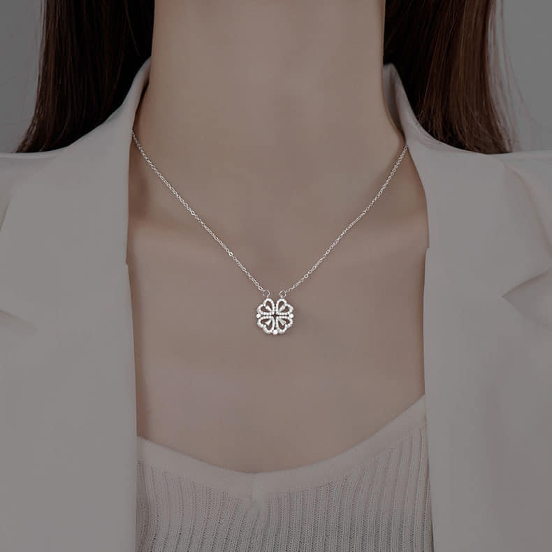 Picture of New Heart Shape Clover Pendant Nacklace  Four Heart Two Pendant Chain Magnetic for Women & Girls Silver 
