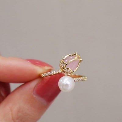 Picture of Pink Tulip Flower Ring  Rings for Teen Girls- Personality Fashion Cat's Eye Stone Tulip Flower Open Ring Gold 