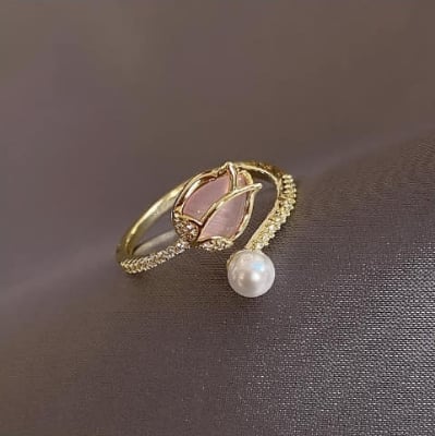 Picture of Pink Tulip Flower Ring  Rings for Teen Girls- Personality Fashion Cat's Eye Stone Tulip Flower Open Ring Gold 