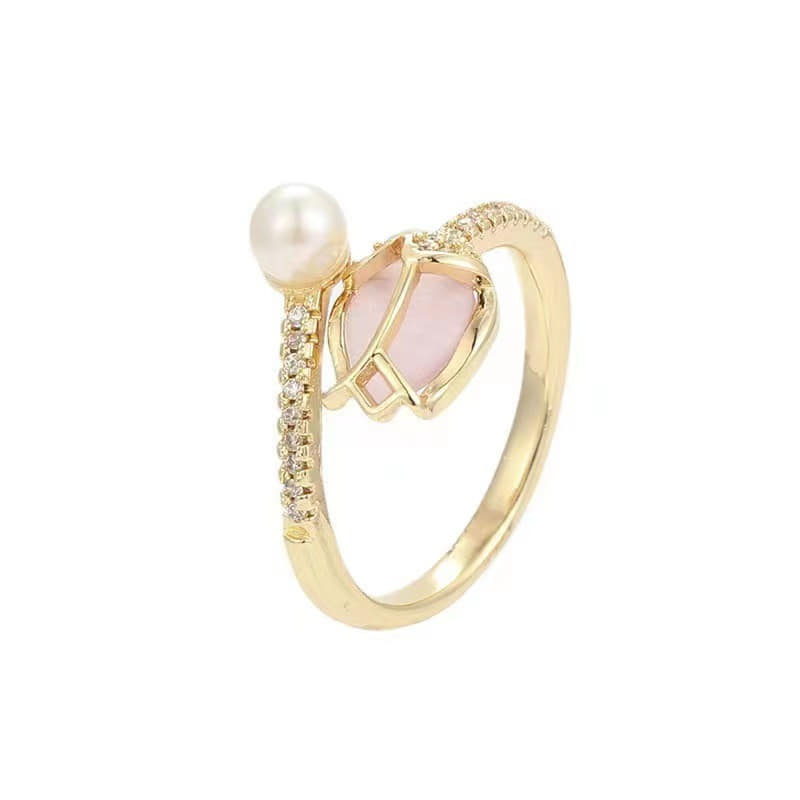 Picture of Pink Tulip Flower Ring  Rings for Teen Girls- Personality Fashion Cat's Eye Stone Tulip Flower Open Ring Gold 