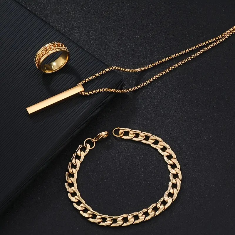 Picture of Golden Men's Sleek Stainless Steel Geometric Pendant Necklace -Necklace Bracelet & Ring Set for Men Gold 