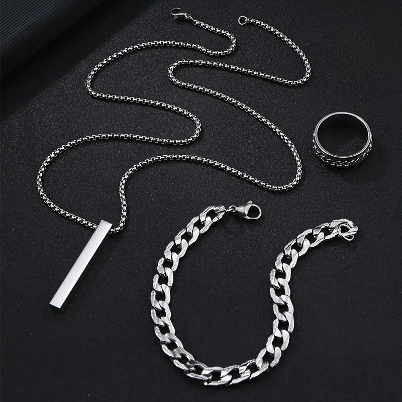 Picture of 3-Piece Mens Stainless Steel Glamour - Fashionable Pendant Necklace Bracelet & Ring Set for Men Silver 