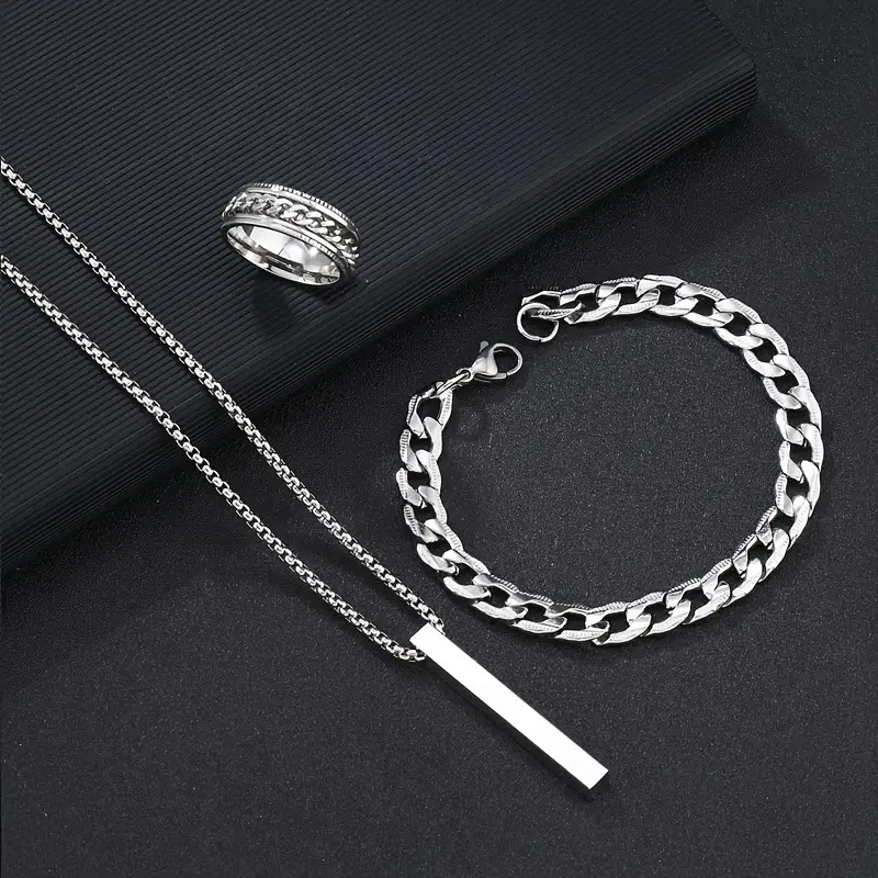 Picture of 3-Piece Mens Stainless Steel Glamour - Fashionable Pendant Necklace Bracelet & Ring Set for Men Silver 